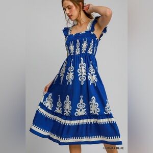 Umgee cobalt blue border print A line midi sundress medium EUC w ruffle straps